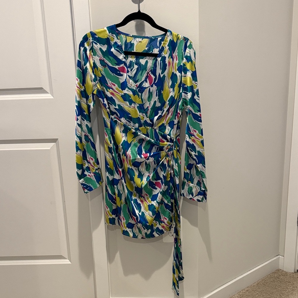 Abstract Multi-Color Wrap Dress - Blue, Green, Yellow